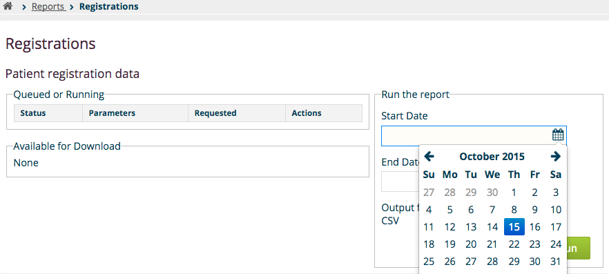 Run Reports page for a report definition in the database